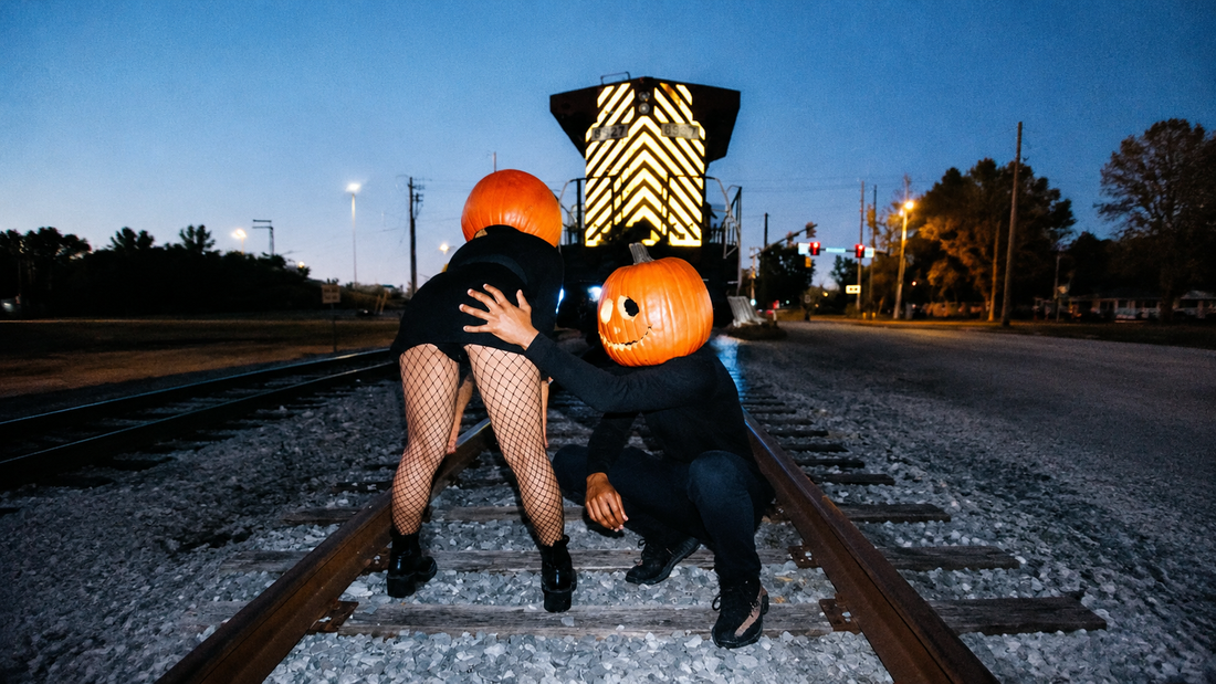 Two people wearing pumpkin masks pose on railroad tracks in front of a locomotive at dusk.