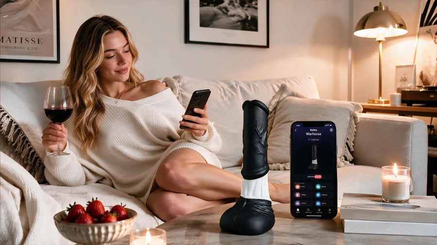 Woman relaxing on a sofa with wine while using a smartphone app to control a black realistic dildo displayed on a table.