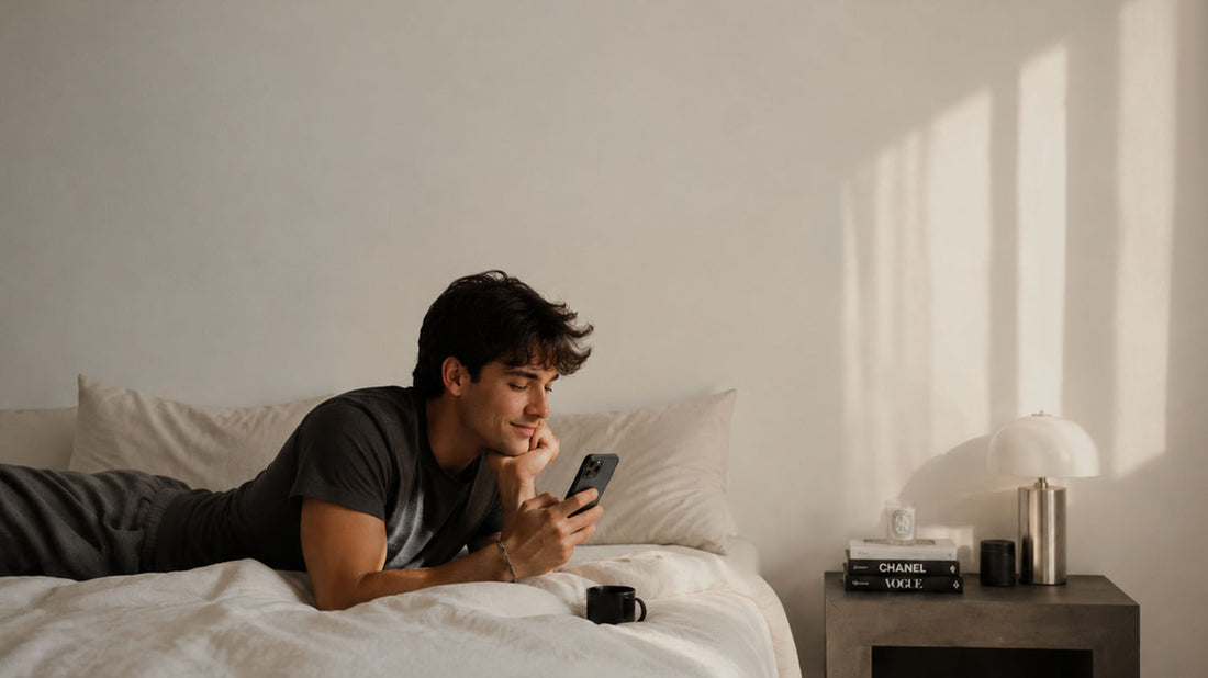 Young man relaxing on a bed while looking at his smartphone in a softly lit bedroom.