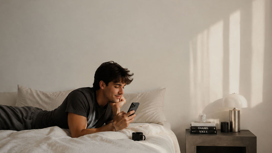 Young man relaxing on a bed while looking at his smartphone in a softly lit bedroom.