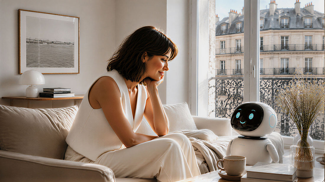 Woman sitting on a sofa in a sunlit living room beside a small white service robot with a smiling face, with Parisian buildings visible through the window.