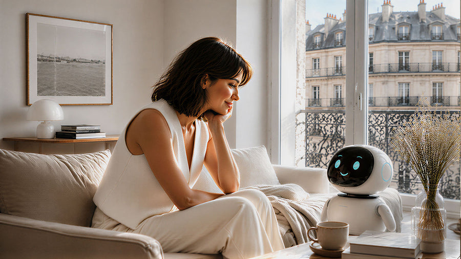 Woman sitting on a sofa in a sunlit living room beside a small white service robot with a smiling face, with Parisian buildings visible through the window.
