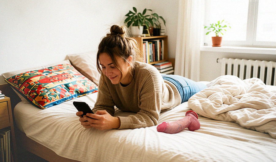 Woman relaxing on a bed while using her smartphone, with a pink realistic dildo placed beside her.