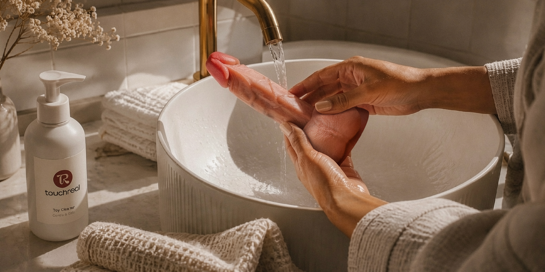 Cleaning a realistic silicone dildo with water and toy cleaner