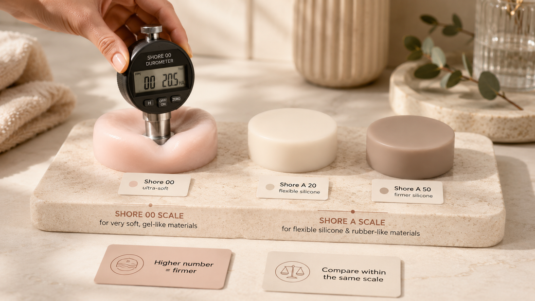Durometer testing silicone samples to compare dildo Shore hardness