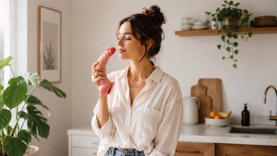A woman in a white shirt kisses a pink silicone dildo while standing in a bright, modern kitchen with plants and wooden