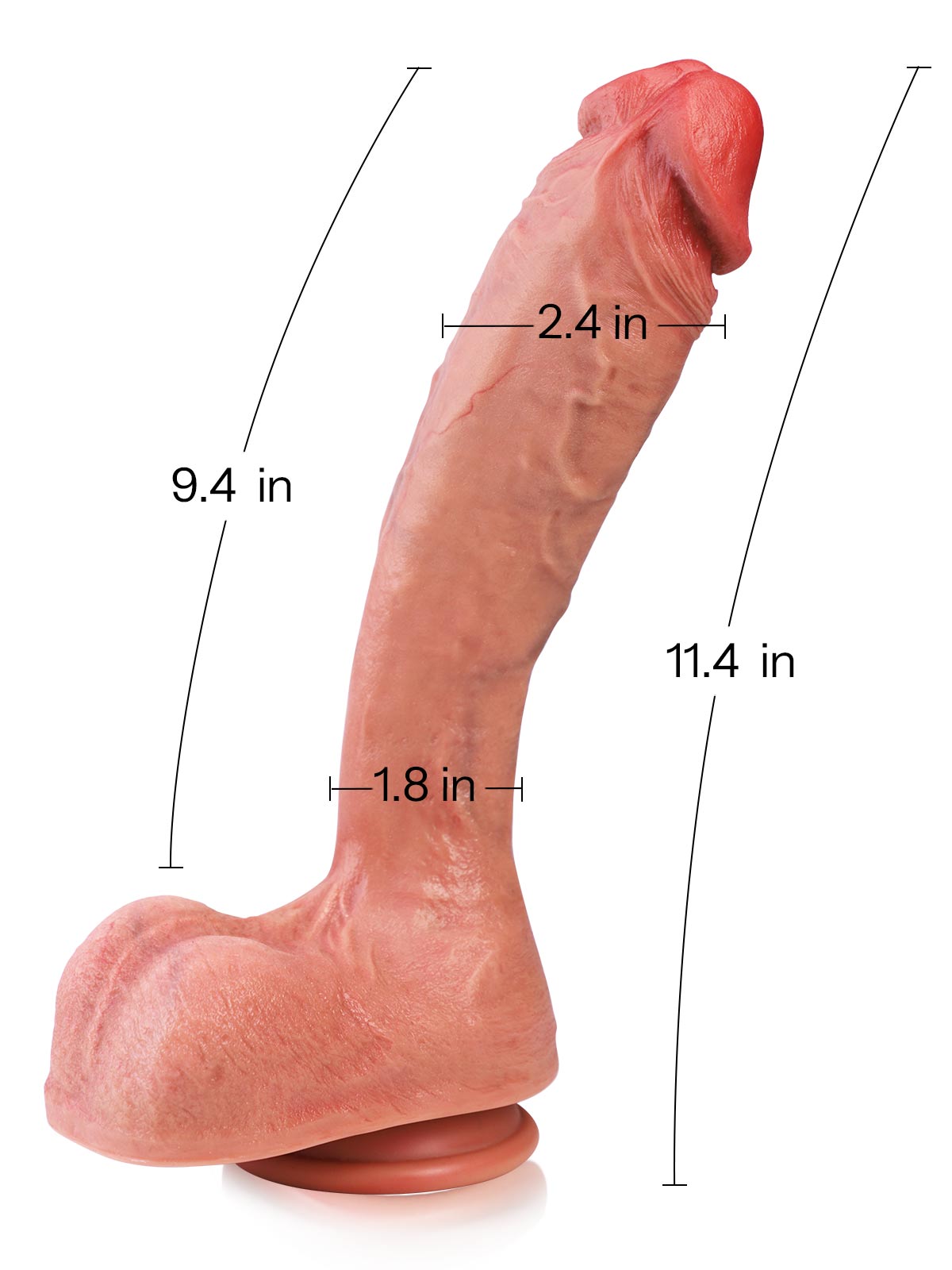 A realistic dildo shown on a white background with overlaid dimension lines and text indicating measurements: 11.4 in total length.