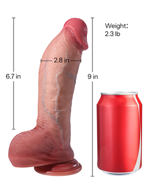 Lverson realistic dildo with product dimensions, weight, and a soda can shown for size comparison.