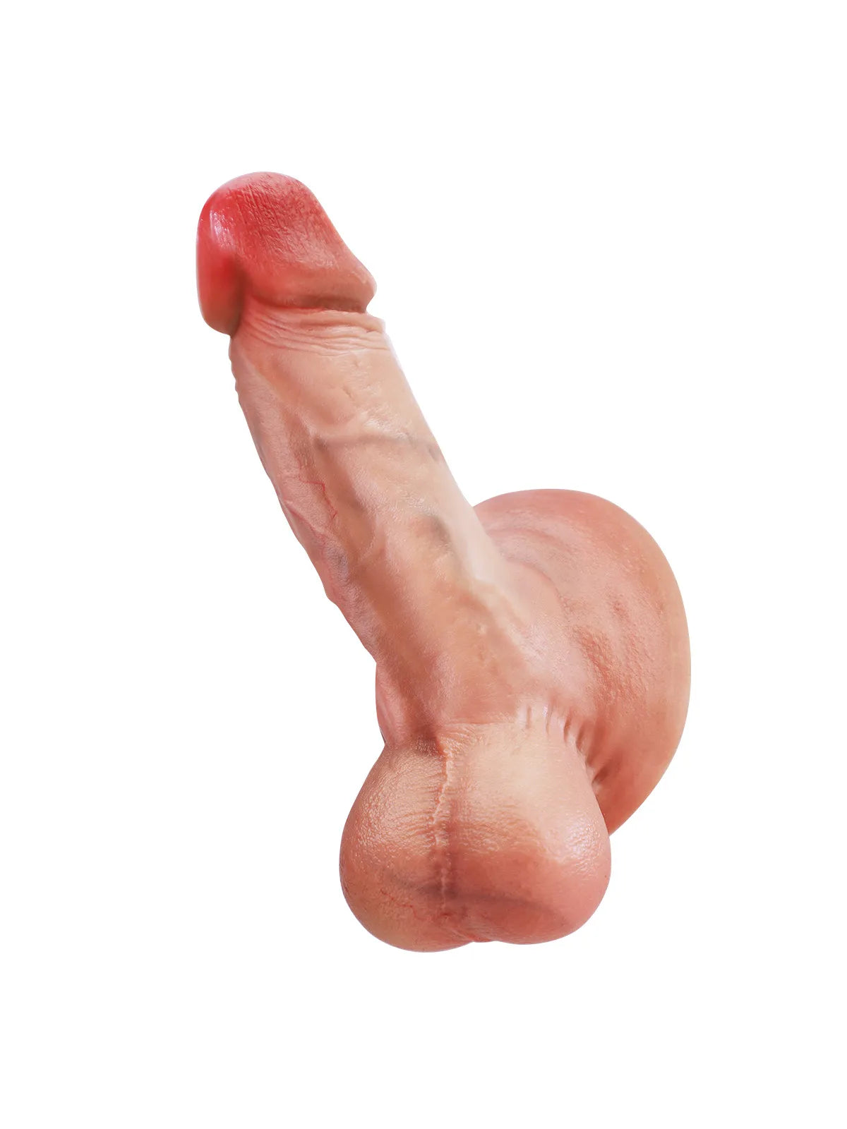 Side view of Elon realistic platinum silicone dildo with balls and suction cup base