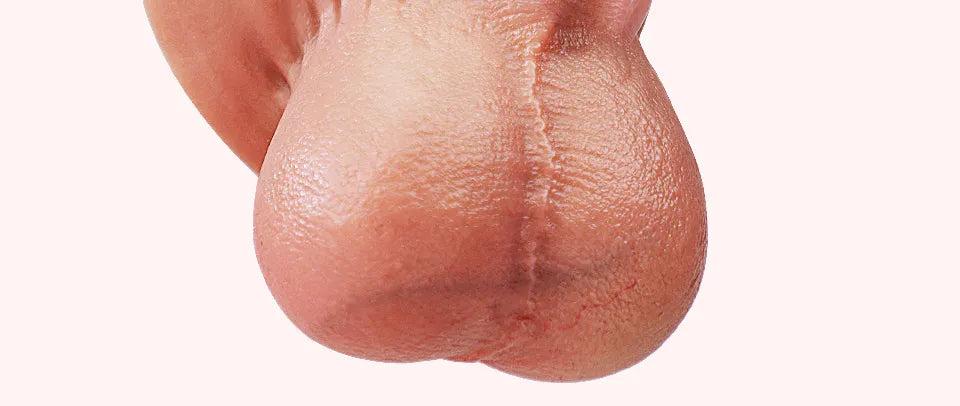 Close-up of Elon realistic dildo balls detail