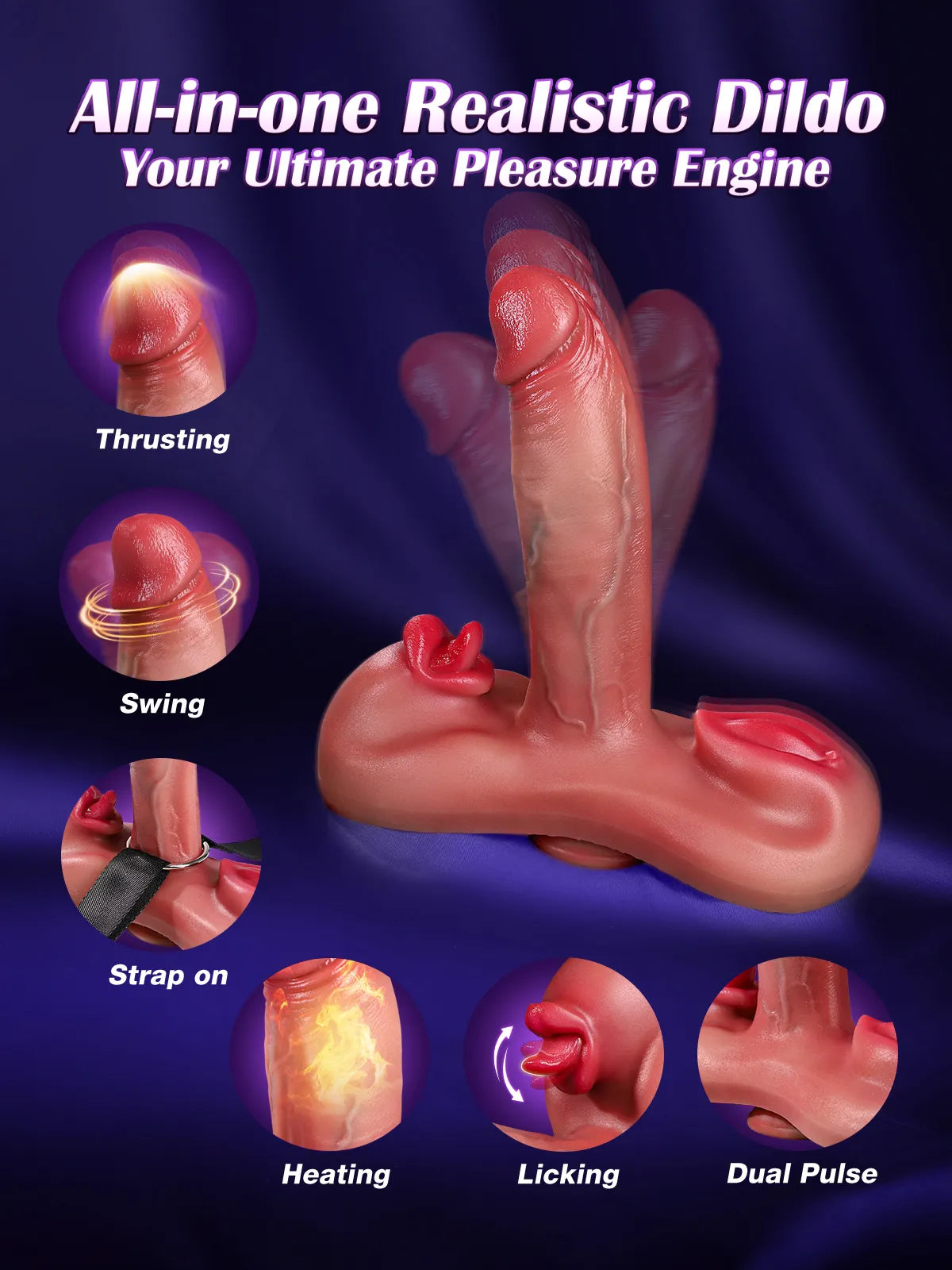 Aaron III all-in-one realistic dildo promotional graphic highlighting its multiple pleasure features.