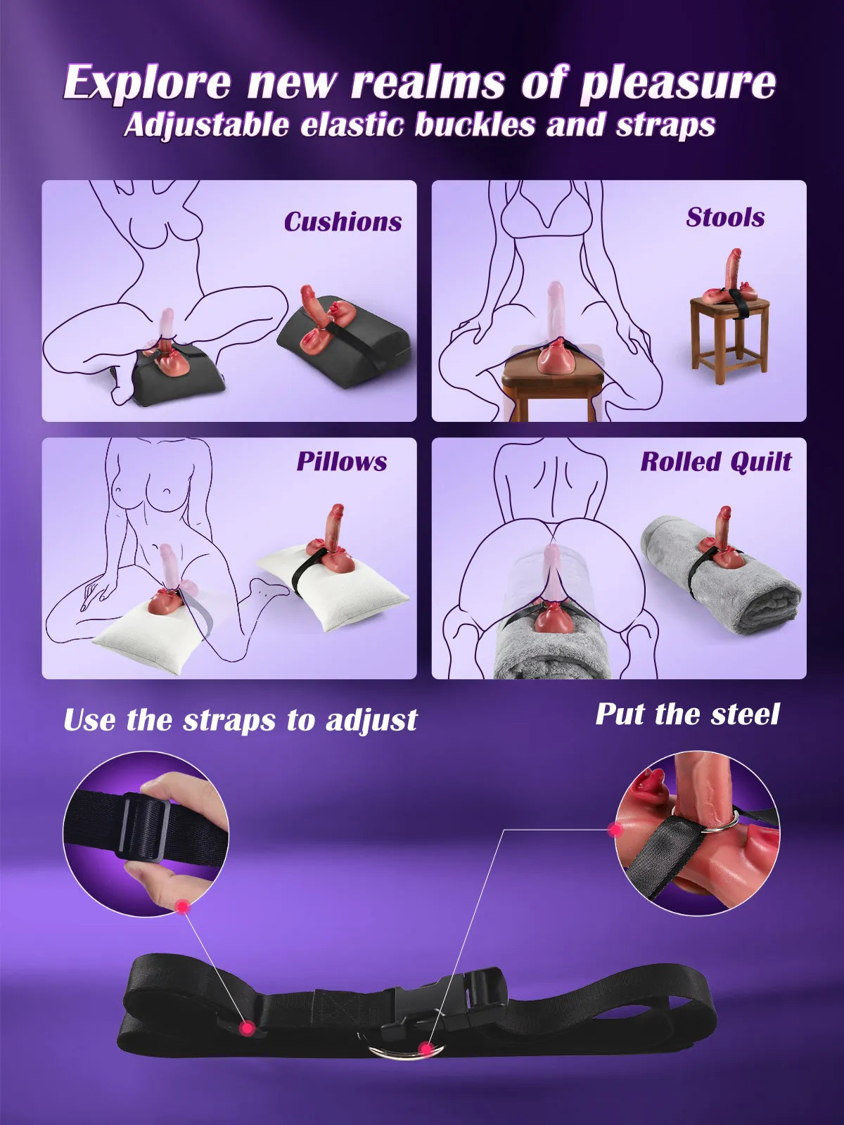 Aaron III feature graphic showing its multiple stimulation modes, controls, and included accessories.