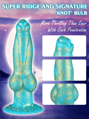 Blue and gold textured dildo shown on a purple fantasy-style background with three inset close-up views and promotional text reading 'SUPER RIDGE AND SIGNATURE "KNOT" BULB'.