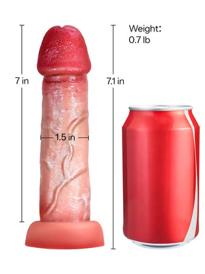 Brute-Flesh anal dildo shown with product dimensions, weight, and a soda can for size comparison.