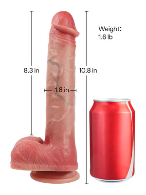 Caesar realistic dildo shown with product dimensions, weight, and a soda can for size comparison.