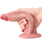 Don realistic dildo bent horizontally by hand to demonstrate flexibility.