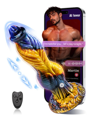 Phoenix-GP dildo shown with its remote control, smartphone app, and product packaging.