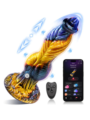 Phoenix-GP app-controlled fantasy dildo with a blue-and-yellow textured design, remote control, and smartphone app.