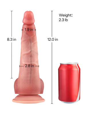 Statham realistic dildo shown with product dimensions, weight, and a soda can for size comparison.